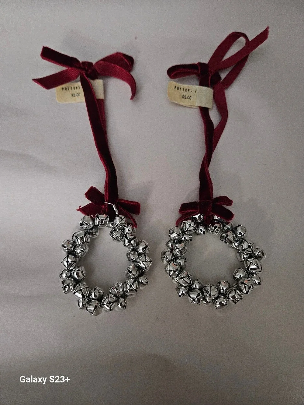 Pottery Barn Silver Bell Wreath Ornaments with Wine Red Velvet Ribbons